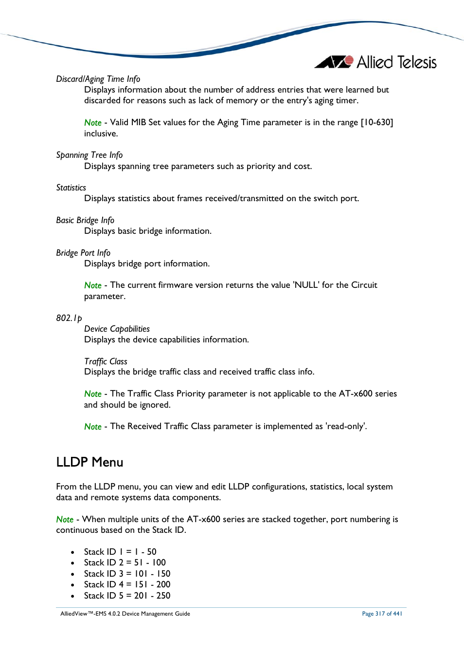 Lldp menu | Allied Telesis AlliedView-EMS 4.0.2 Device-Manager User Manual | Page 317 / 441