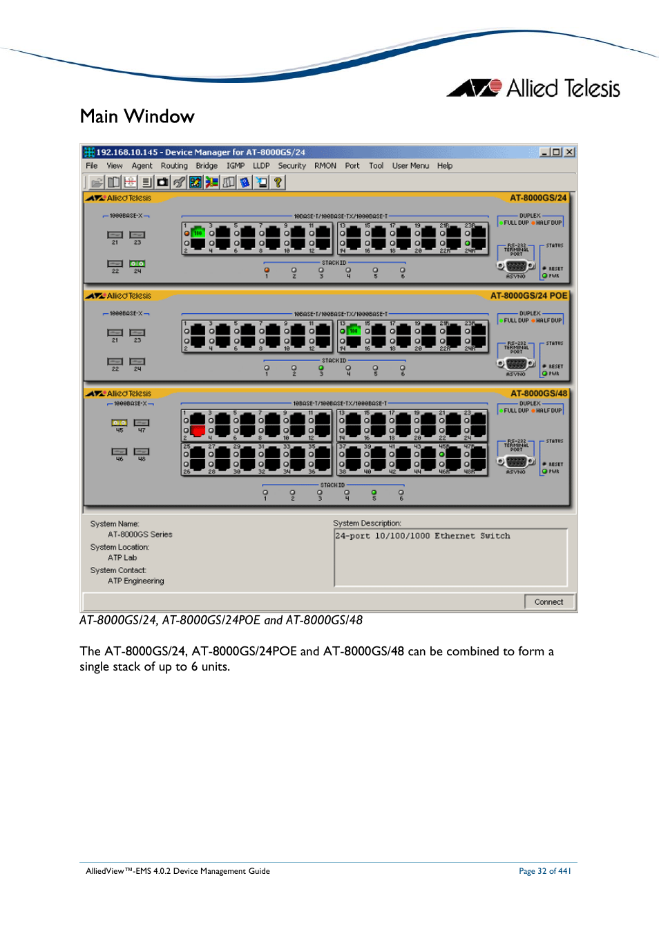 Main window | Allied Telesis AlliedView-EMS 4.0.2 Device-Manager User Manual | Page 32 / 441