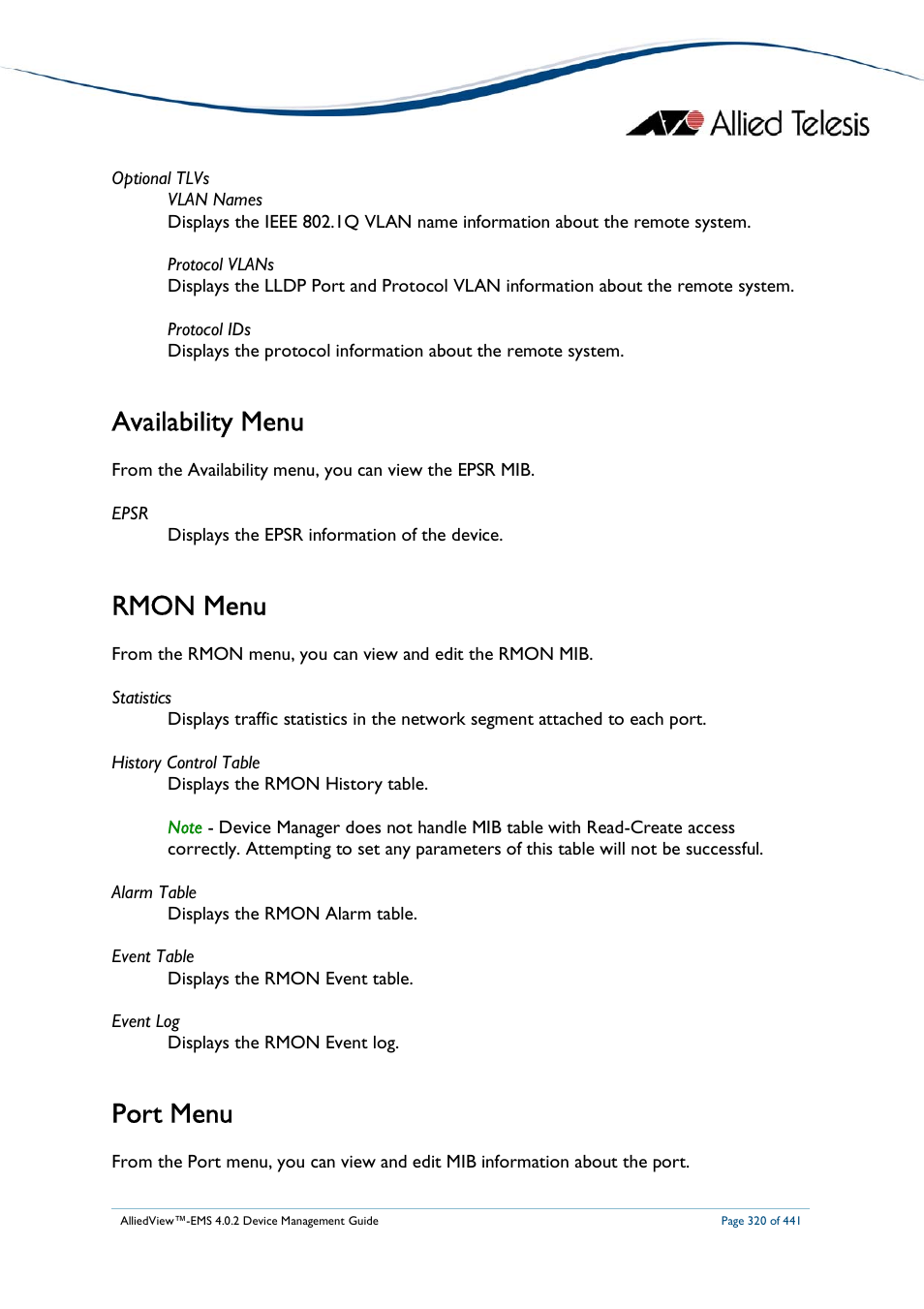 Availability menu, Rmon menu, Port menu | Allied Telesis AlliedView-EMS 4.0.2 Device-Manager User Manual | Page 320 / 441