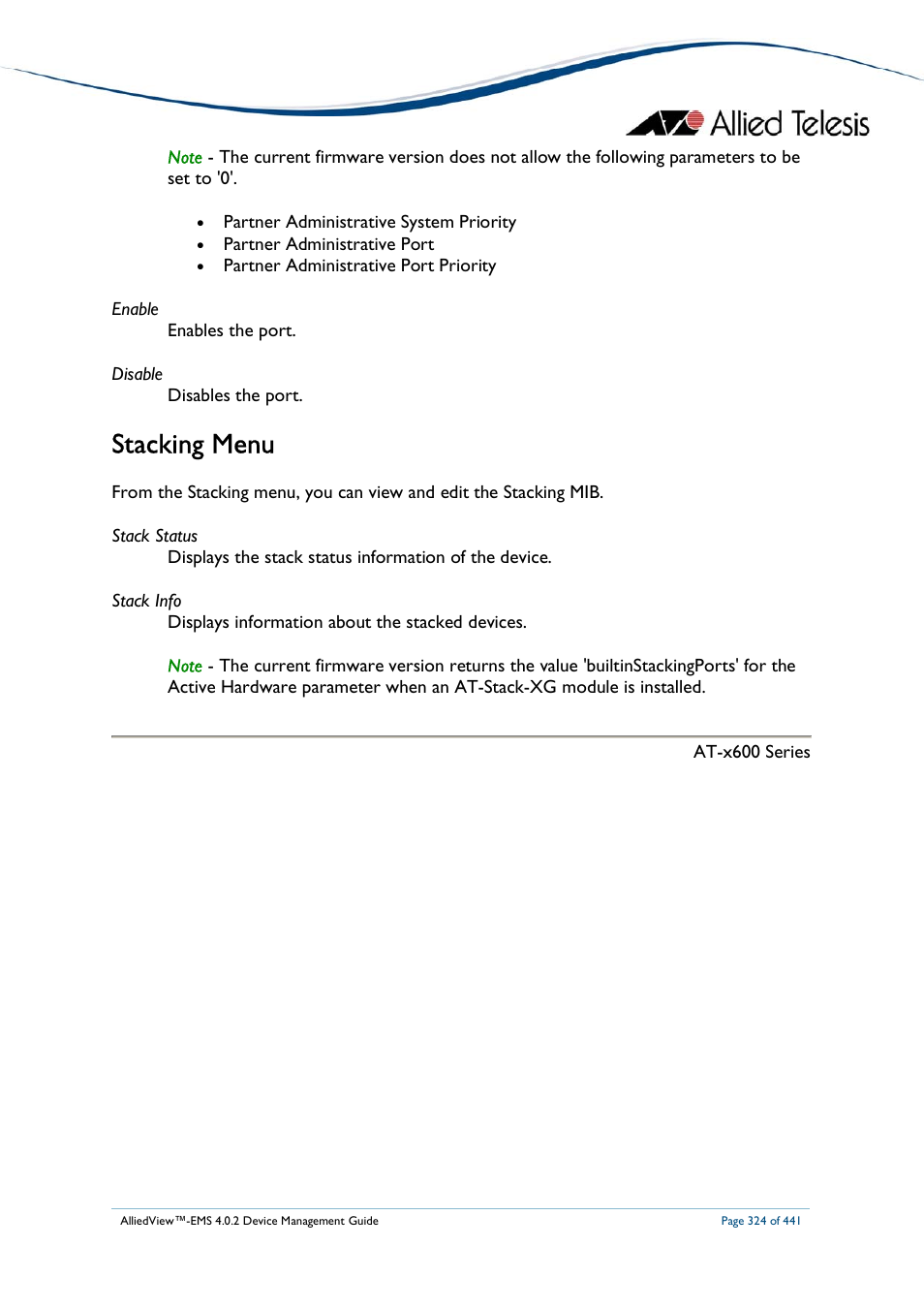 Stacking menu | Allied Telesis AlliedView-EMS 4.0.2 Device-Manager User Manual | Page 324 / 441