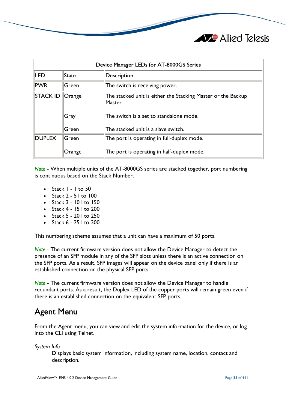Agent menu | Allied Telesis AlliedView-EMS 4.0.2 Device-Manager User Manual | Page 33 / 441