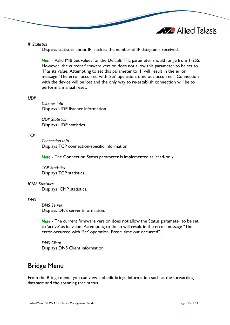 Bridge menu | Allied Telesis AlliedView-EMS 4.0.2 Device-Manager User Manual | Page 335 / 441