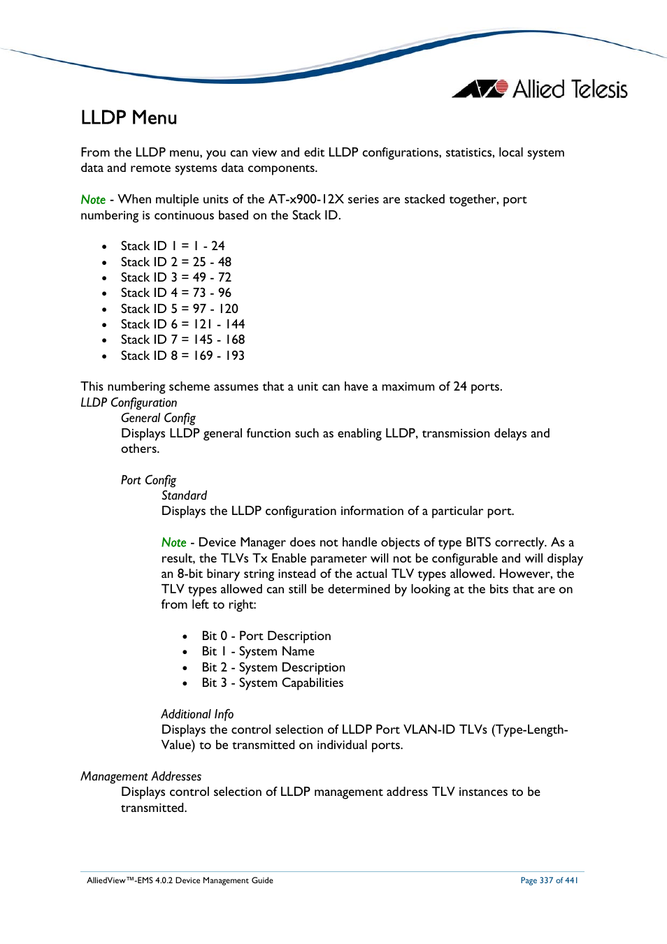 Lldp menu | Allied Telesis AlliedView-EMS 4.0.2 Device-Manager User Manual | Page 337 / 441