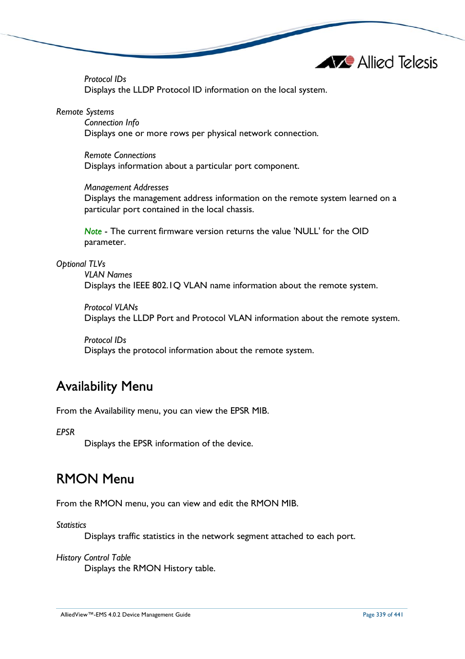 Availability menu, Rmon menu | Allied Telesis AlliedView-EMS 4.0.2 Device-Manager User Manual | Page 339 / 441