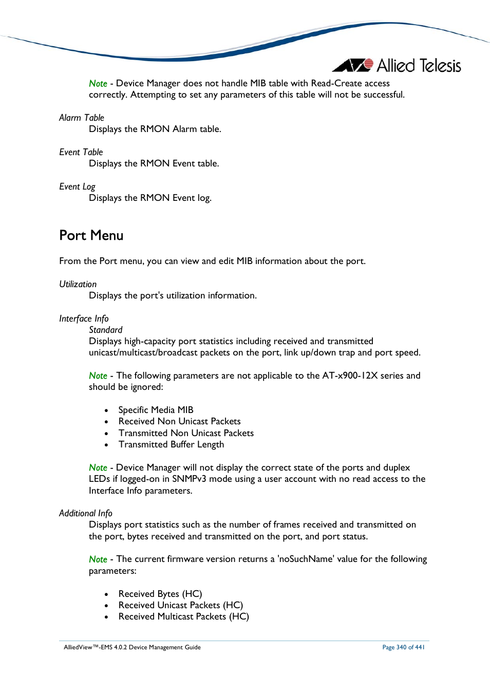Port menu | Allied Telesis AlliedView-EMS 4.0.2 Device-Manager User Manual | Page 340 / 441