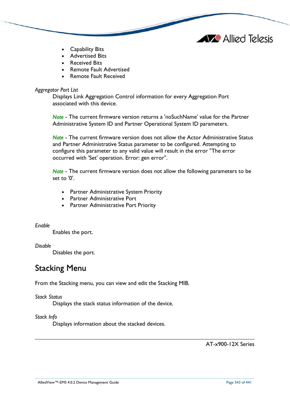 Stacking menu | Allied Telesis AlliedView-EMS 4.0.2 Device-Manager User Manual | Page 343 / 441