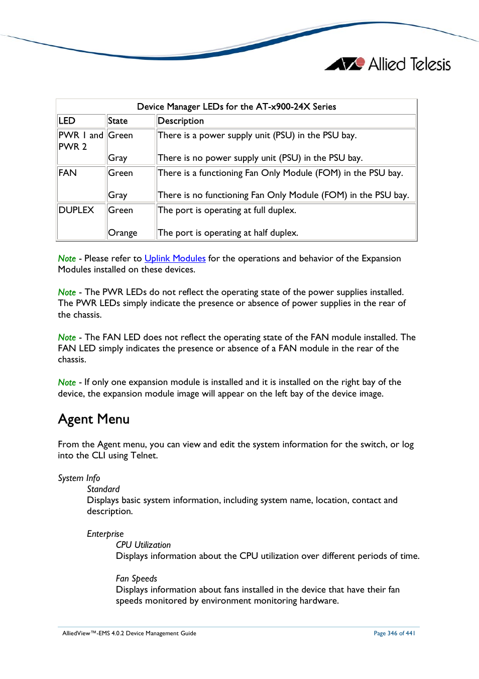 Agent menu | Allied Telesis AlliedView-EMS 4.0.2 Device-Manager User Manual | Page 346 / 441