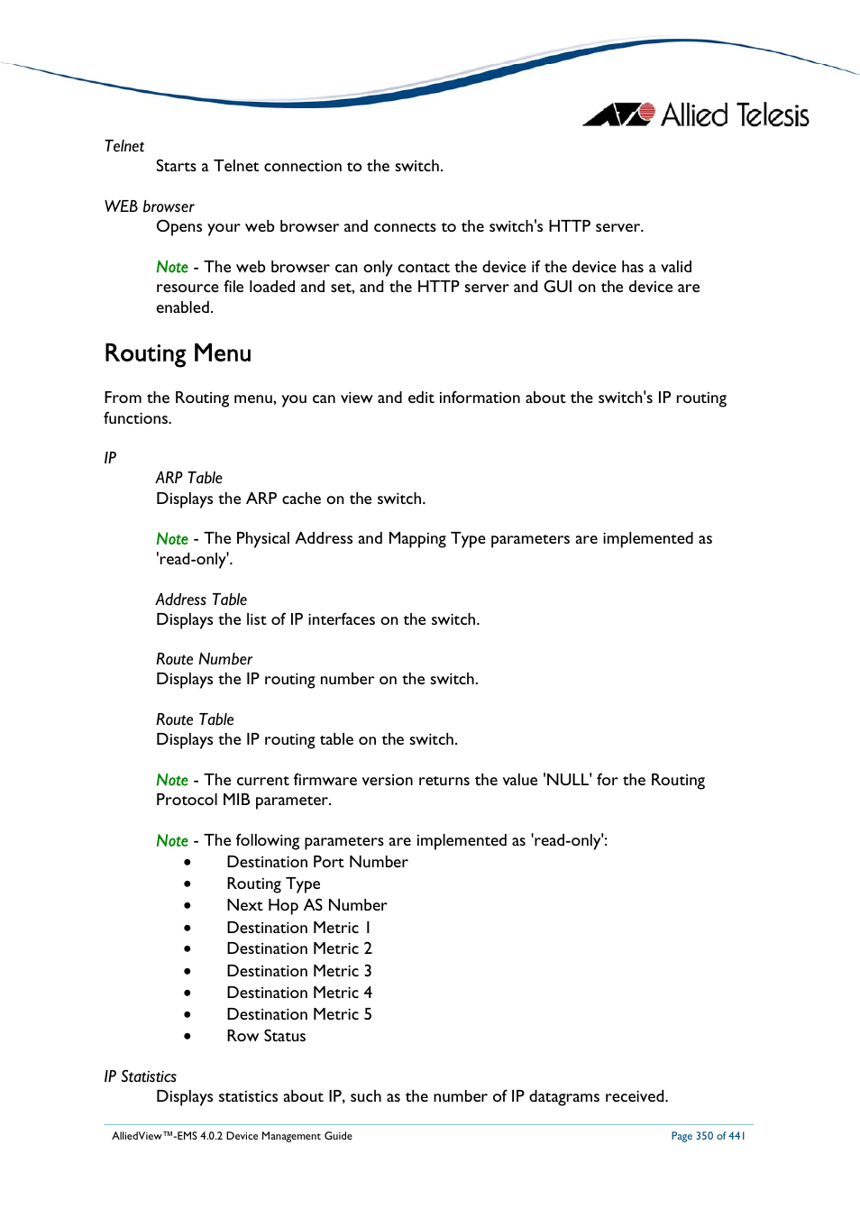 Routing menu | Allied Telesis AlliedView-EMS 4.0.2 Device-Manager User Manual | Page 350 / 441