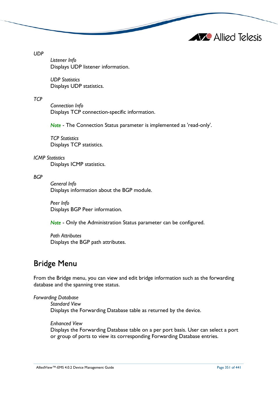 Bridge menu | Allied Telesis AlliedView-EMS 4.0.2 Device-Manager User Manual | Page 351 / 441
