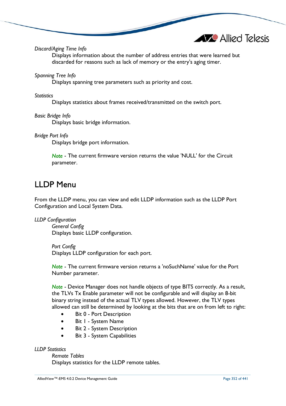 Lldp menu | Allied Telesis AlliedView-EMS 4.0.2 Device-Manager User Manual | Page 352 / 441