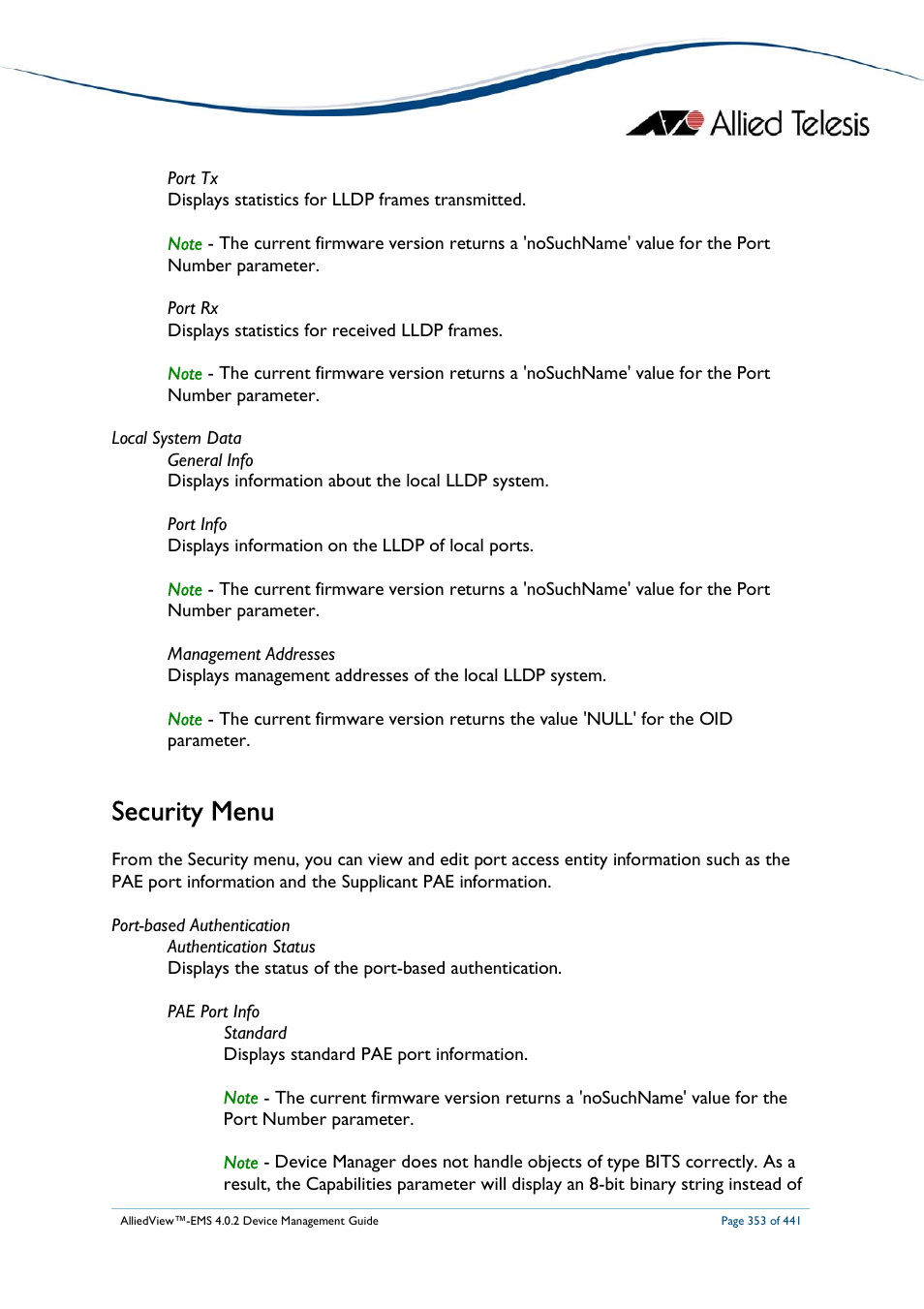 Security menu | Allied Telesis AlliedView-EMS 4.0.2 Device-Manager User Manual | Page 353 / 441