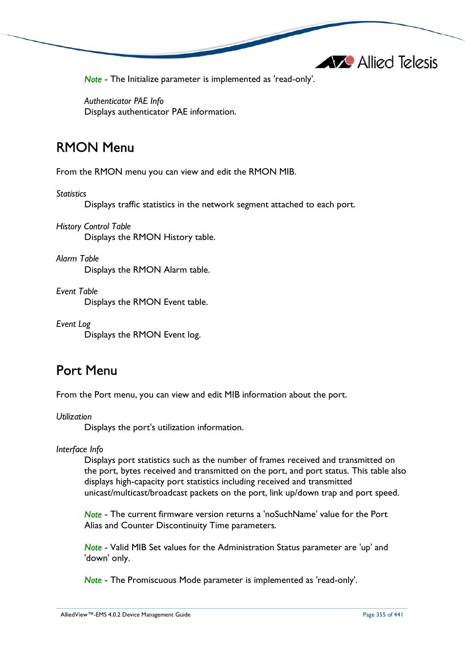 Rmon menu, Port menu | Allied Telesis AlliedView-EMS 4.0.2 Device-Manager User Manual | Page 355 / 441