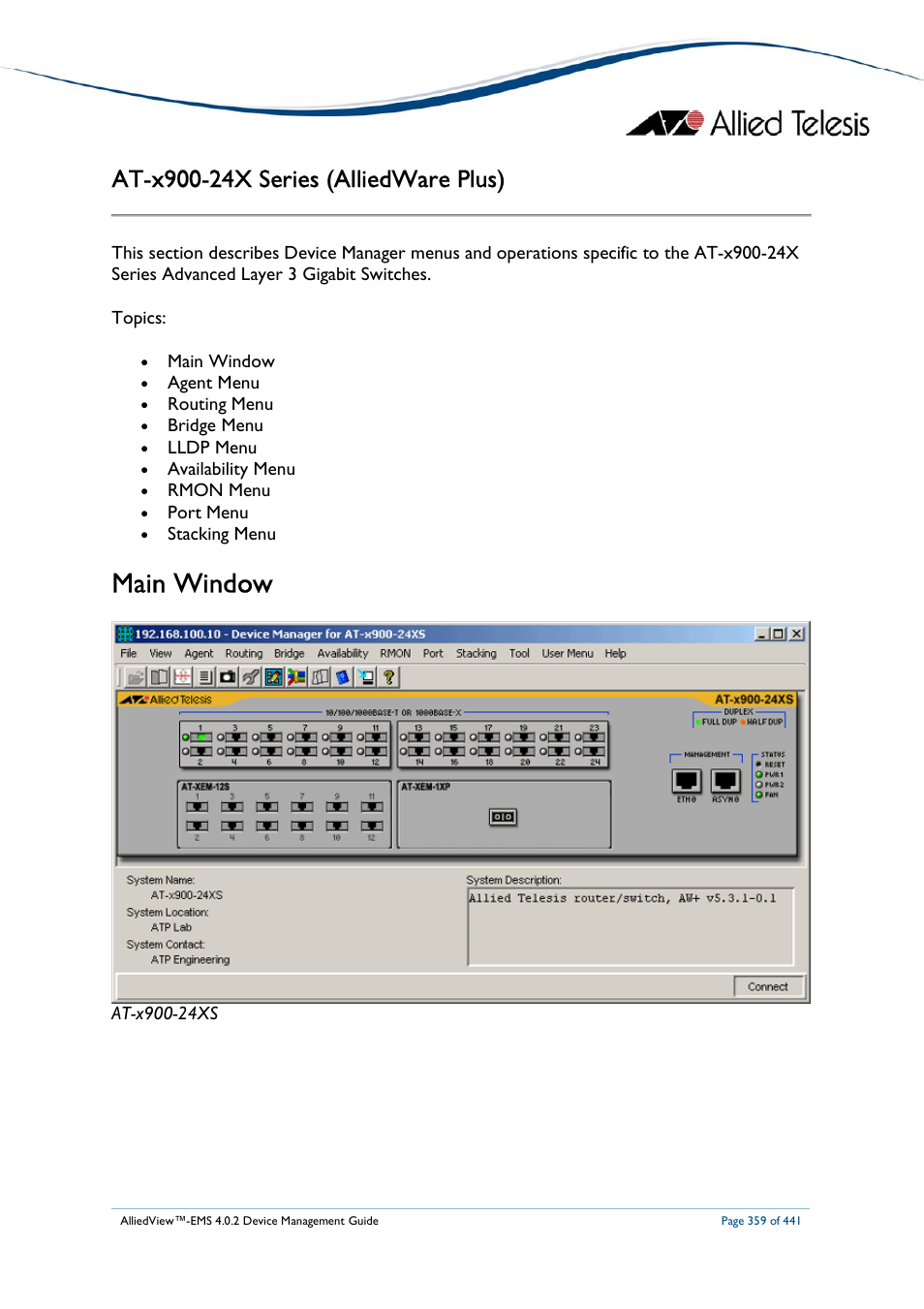 Main window | Allied Telesis AlliedView-EMS 4.0.2 Device-Manager User Manual | Page 359 / 441