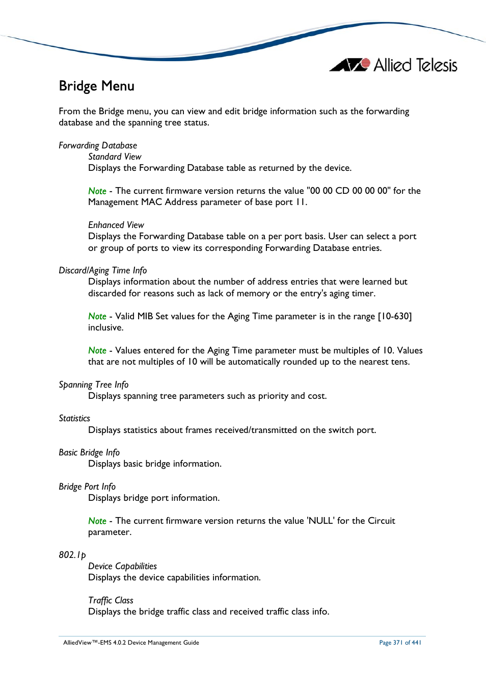 Bridge menu | Allied Telesis AlliedView-EMS 4.0.2 Device-Manager User Manual | Page 371 / 441
