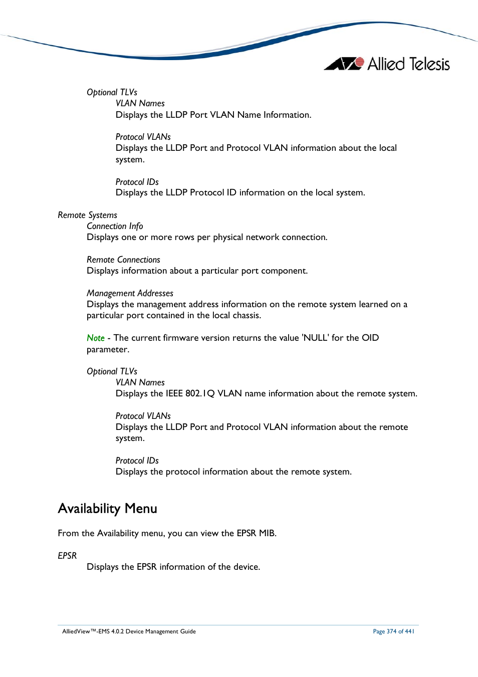 Availability menu | Allied Telesis AlliedView-EMS 4.0.2 Device-Manager User Manual | Page 374 / 441