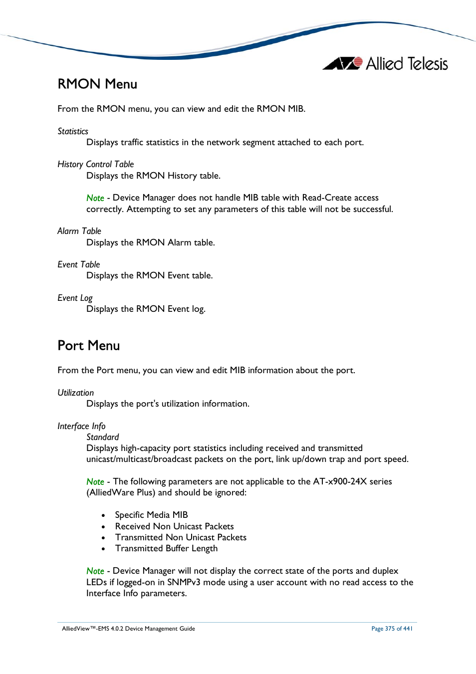 Rmon menu, Port menu | Allied Telesis AlliedView-EMS 4.0.2 Device-Manager User Manual | Page 375 / 441