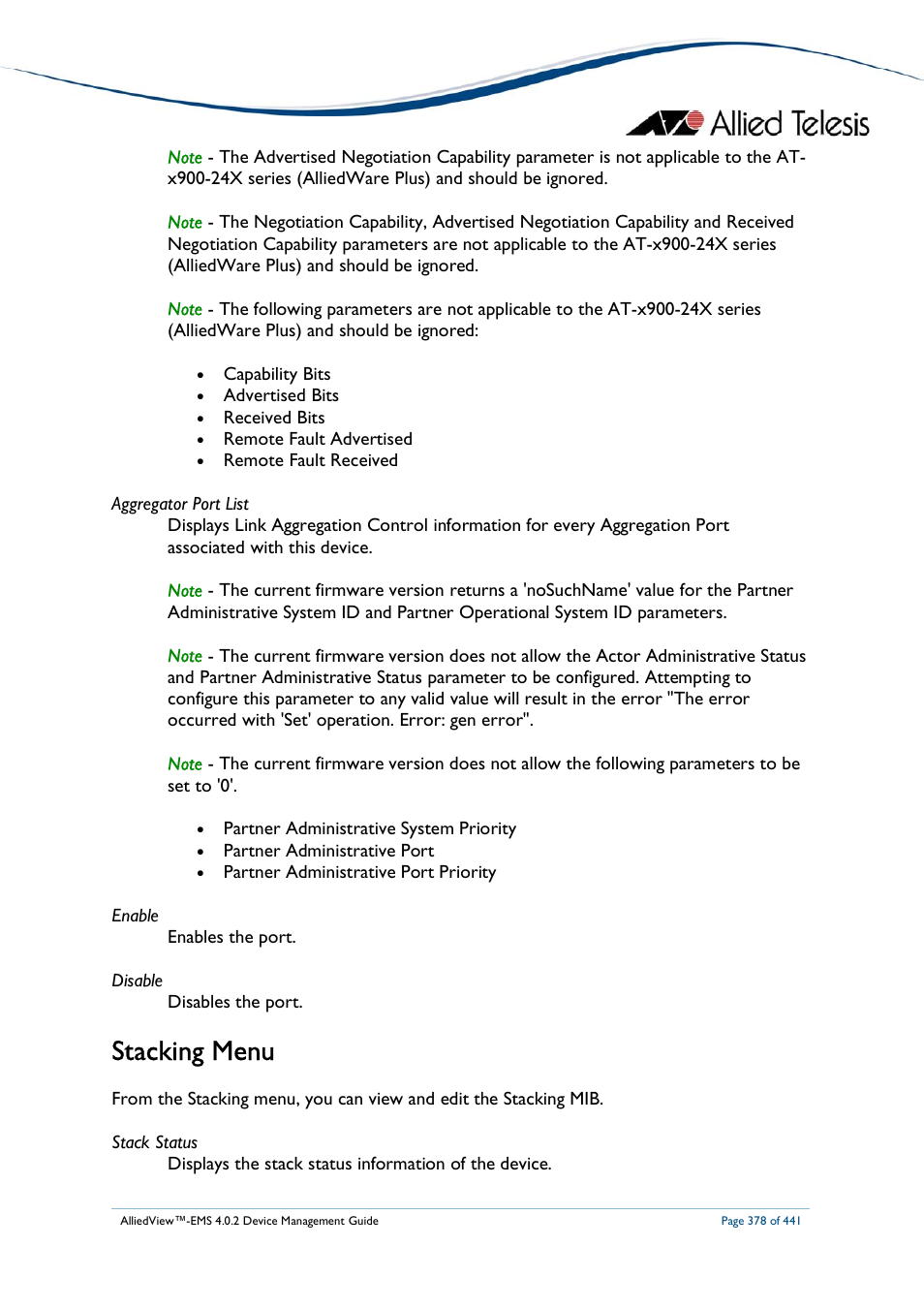 Stacking menu | Allied Telesis AlliedView-EMS 4.0.2 Device-Manager User Manual | Page 378 / 441