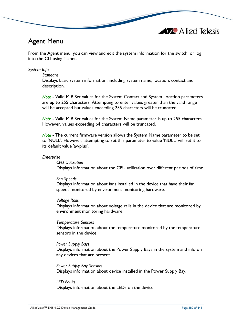 Agent menu | Allied Telesis AlliedView-EMS 4.0.2 Device-Manager User Manual | Page 382 / 441