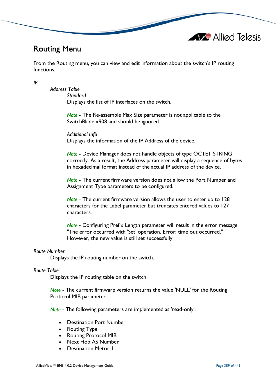 Routing menu | Allied Telesis AlliedView-EMS 4.0.2 Device-Manager User Manual | Page 389 / 441