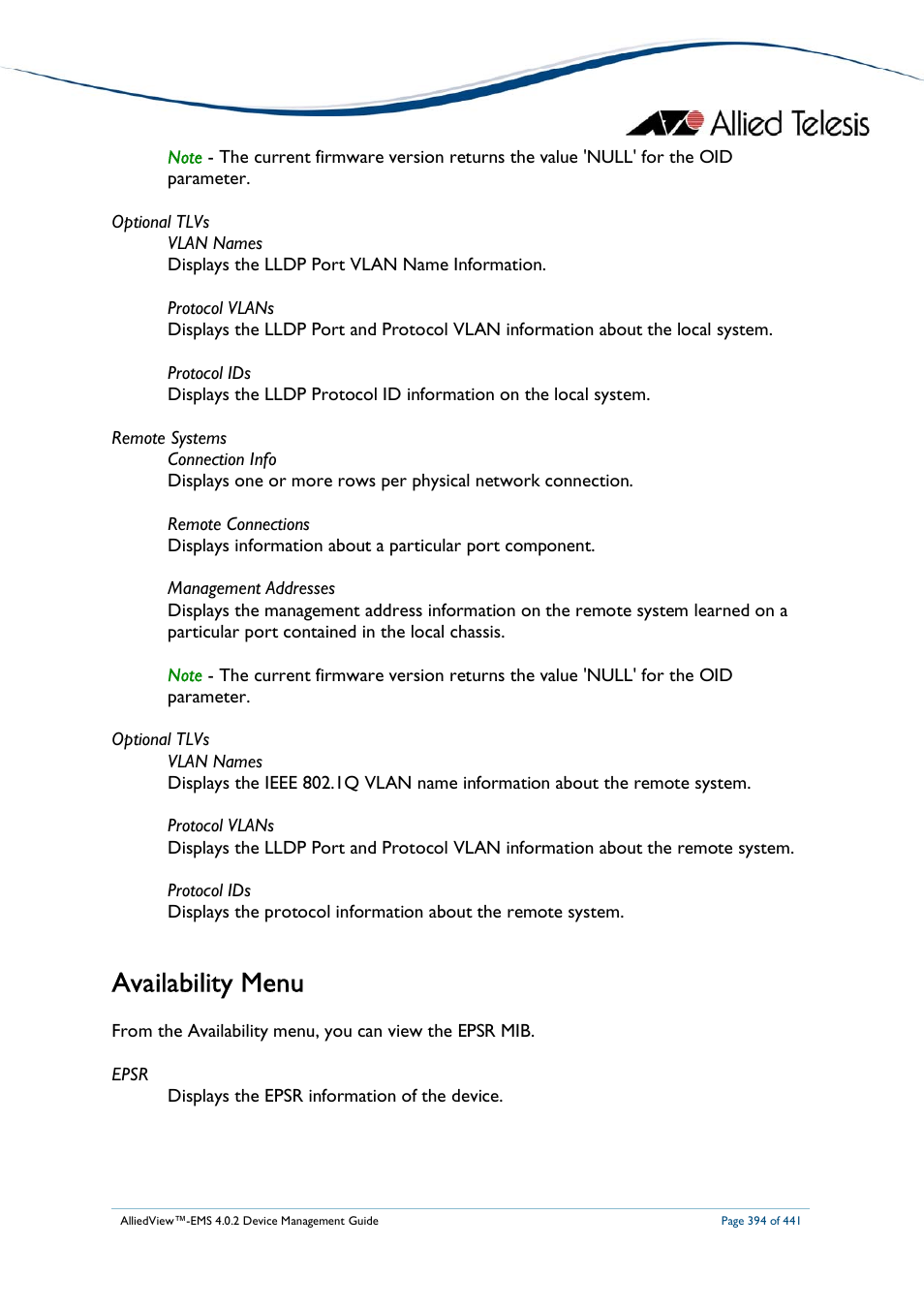 Availability menu | Allied Telesis AlliedView-EMS 4.0.2 Device-Manager User Manual | Page 394 / 441