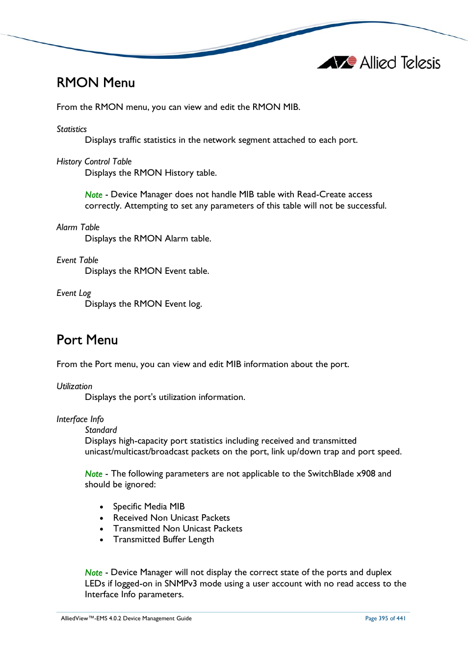 Rmon menu, Port menu | Allied Telesis AlliedView-EMS 4.0.2 Device-Manager User Manual | Page 395 / 441