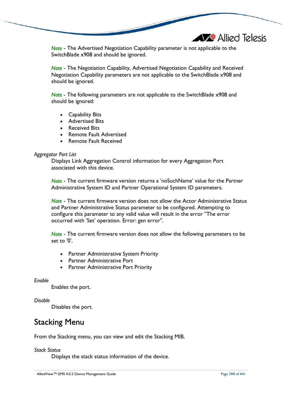 Stacking menu | Allied Telesis AlliedView-EMS 4.0.2 Device-Manager User Manual | Page 398 / 441