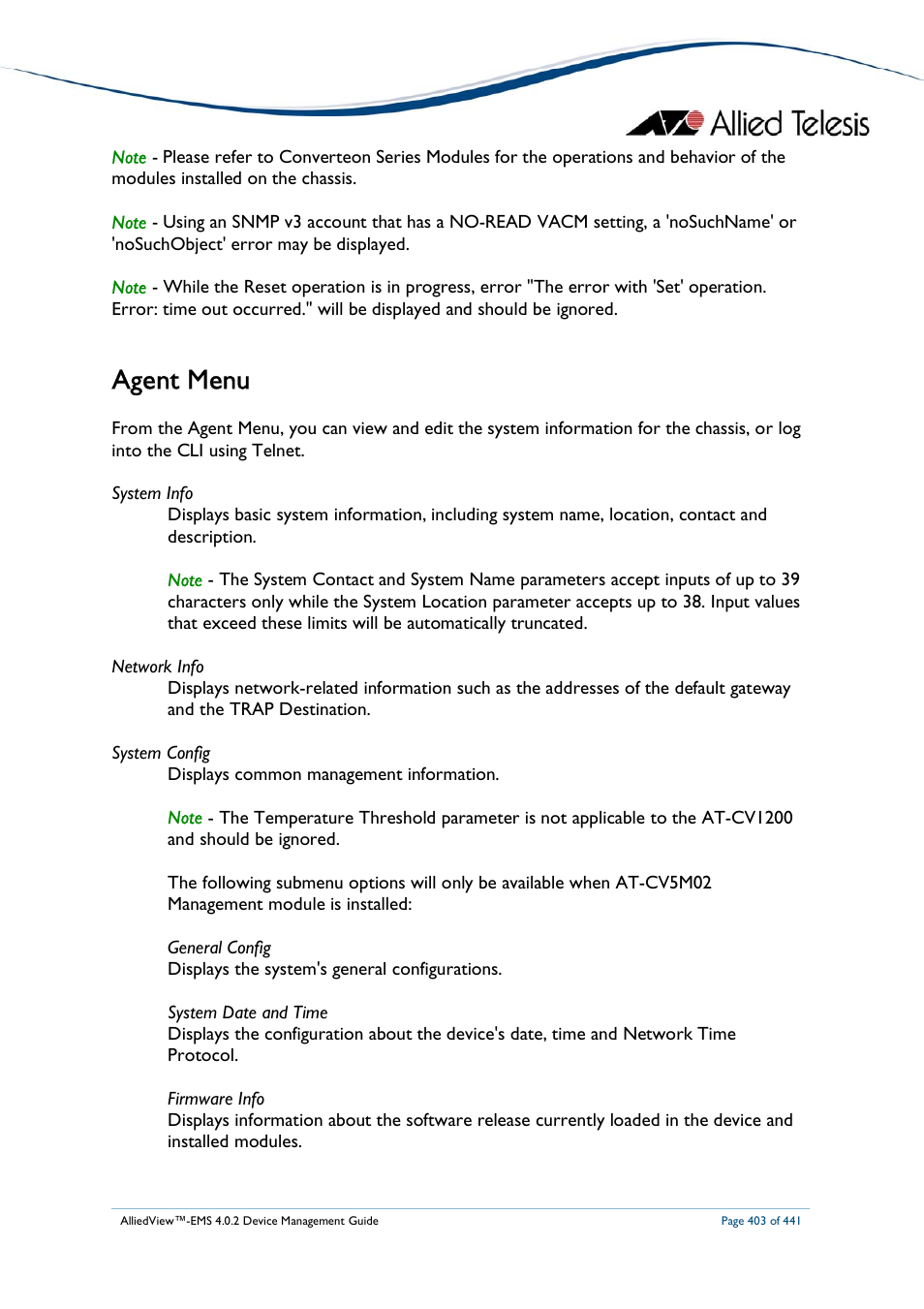Agent menu | Allied Telesis AlliedView-EMS 4.0.2 Device-Manager User Manual | Page 403 / 441