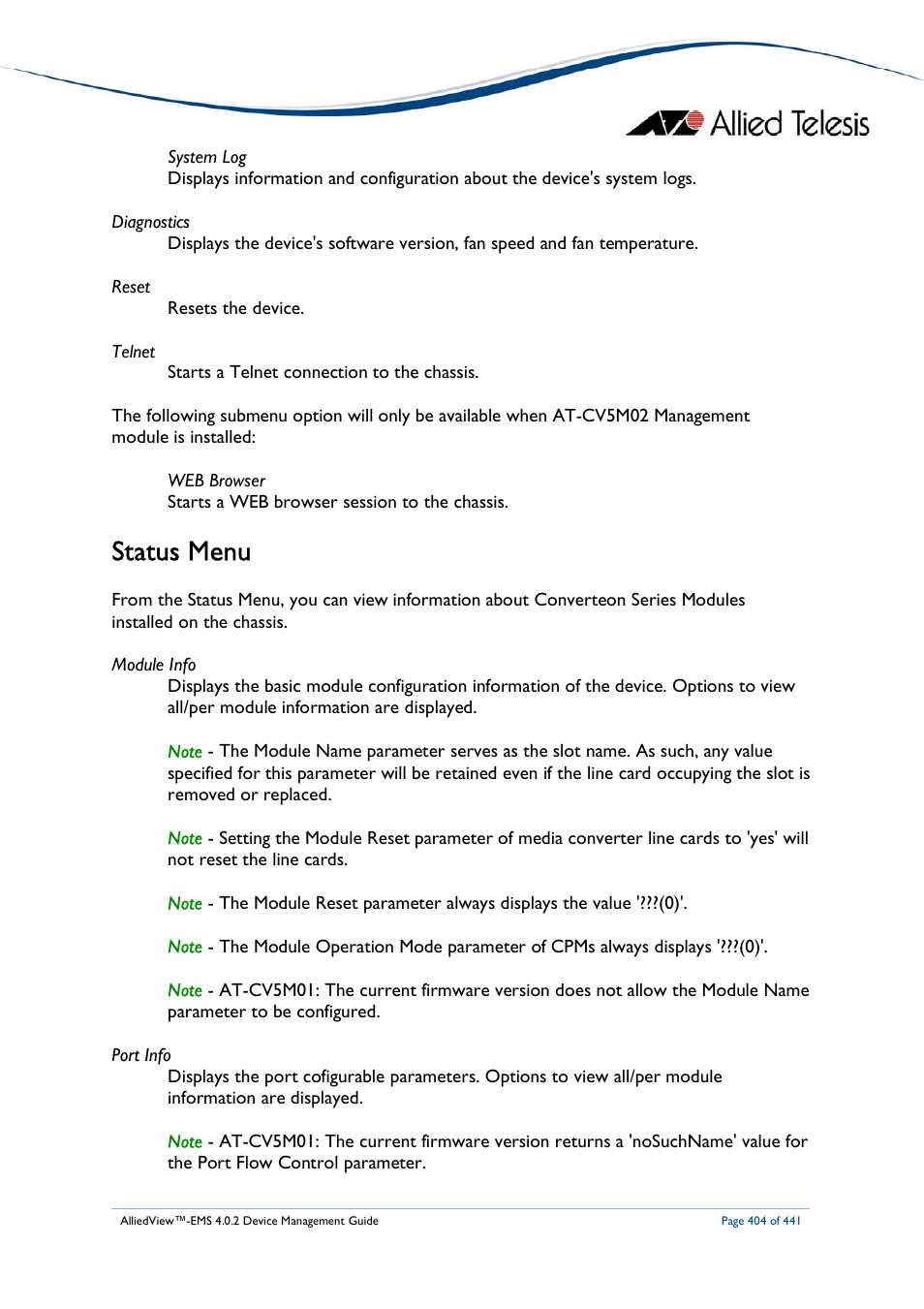 Status menu | Allied Telesis AlliedView-EMS 4.0.2 Device-Manager User Manual | Page 404 / 441