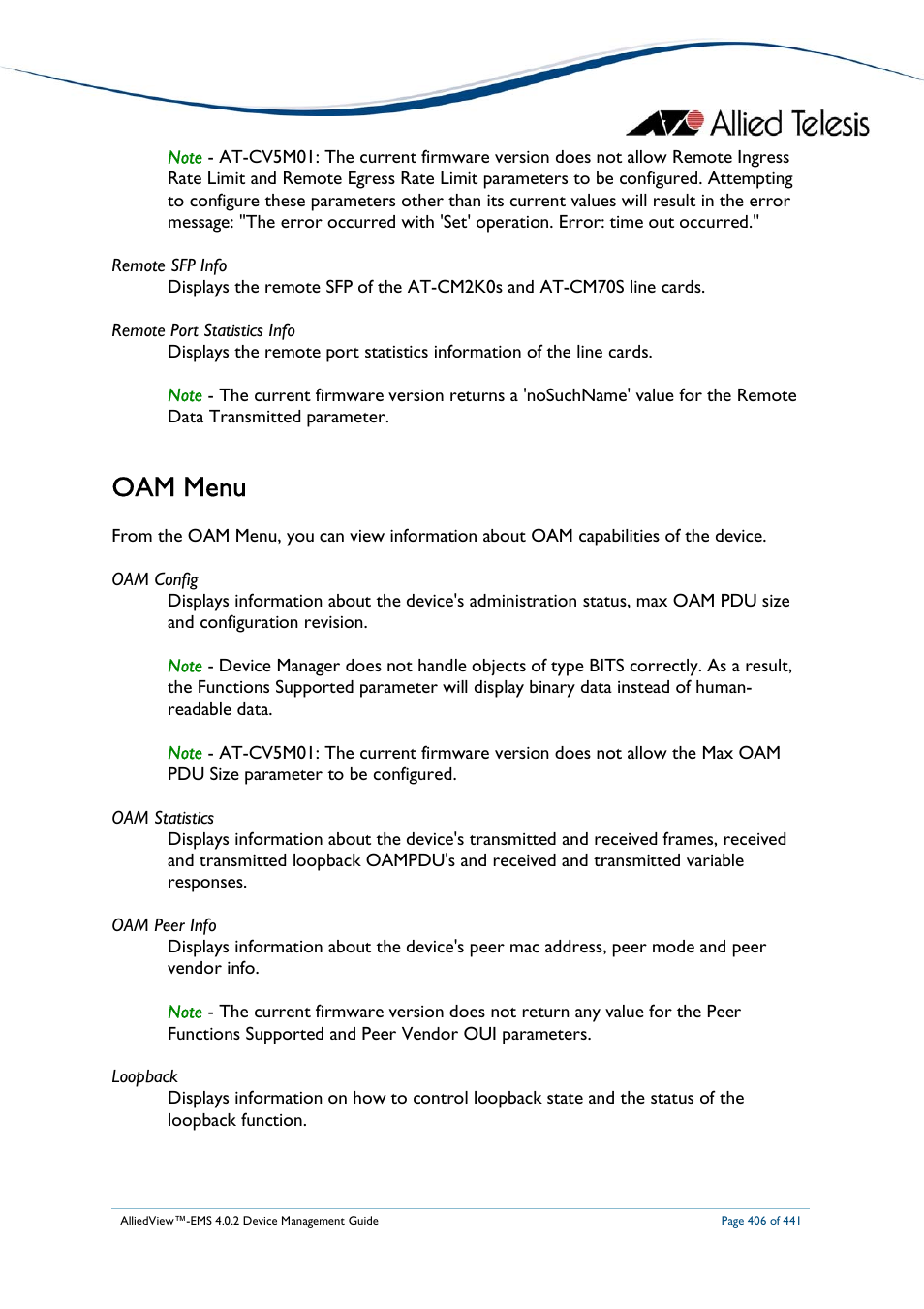 Oam menu | Allied Telesis AlliedView-EMS 4.0.2 Device-Manager User Manual | Page 406 / 441