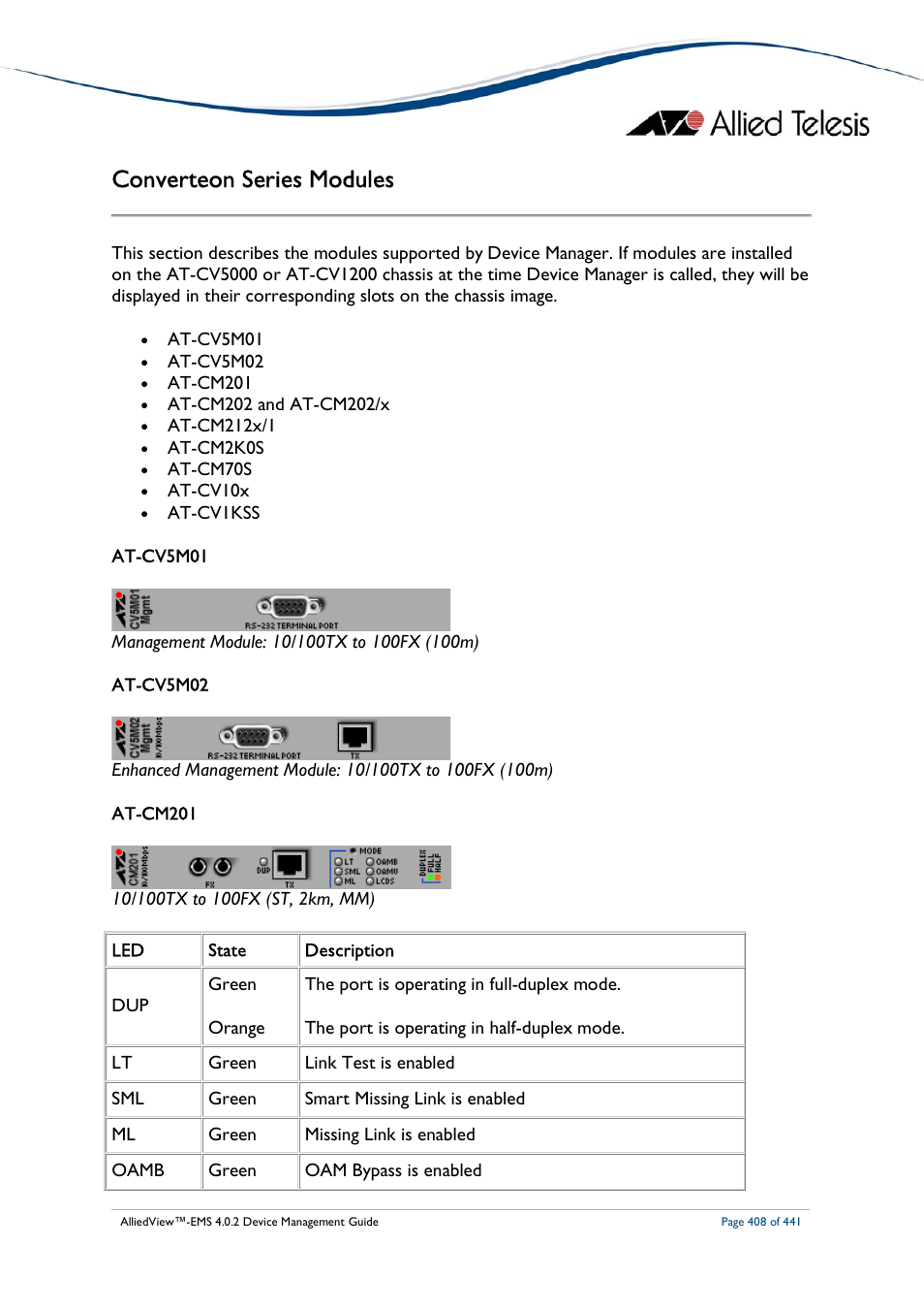 Converteon series modules | Allied Telesis AlliedView-EMS 4.0.2 Device-Manager User Manual | Page 408 / 441