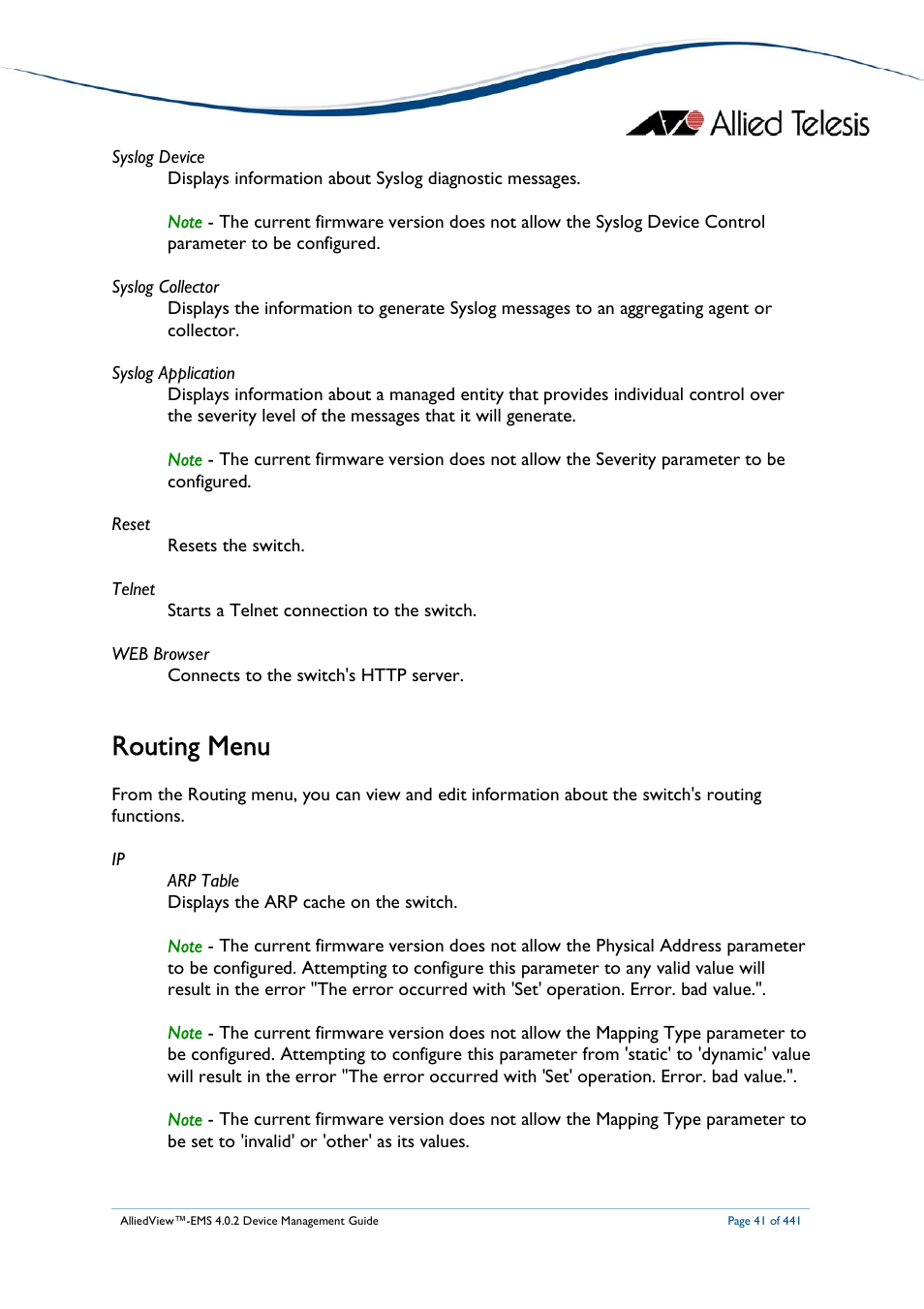 Routing menu | Allied Telesis AlliedView-EMS 4.0.2 Device-Manager User Manual | Page 41 / 441