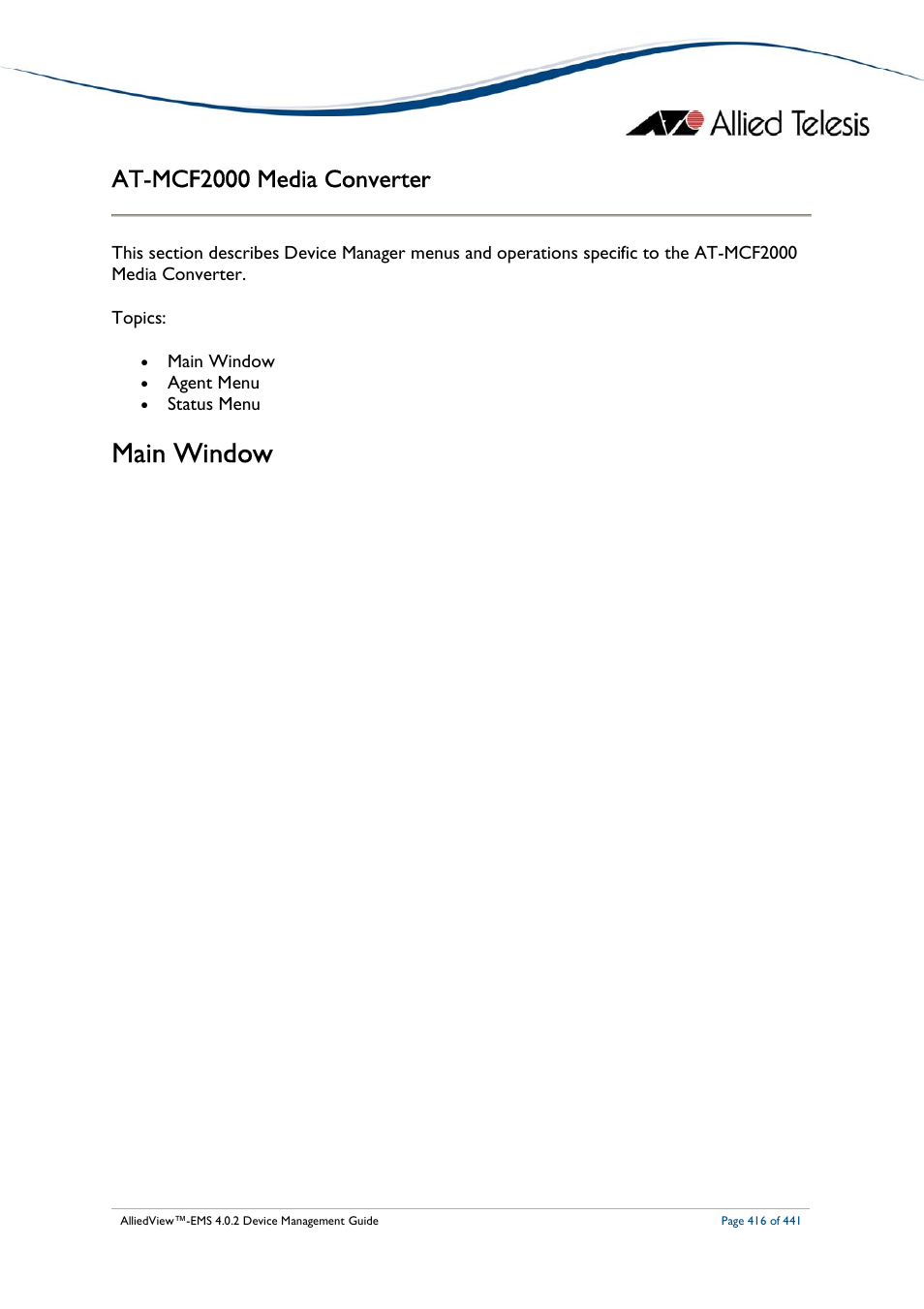 Main window, At-mcf2000 media converter | Allied Telesis AlliedView-EMS 4.0.2 Device-Manager User Manual | Page 416 / 441