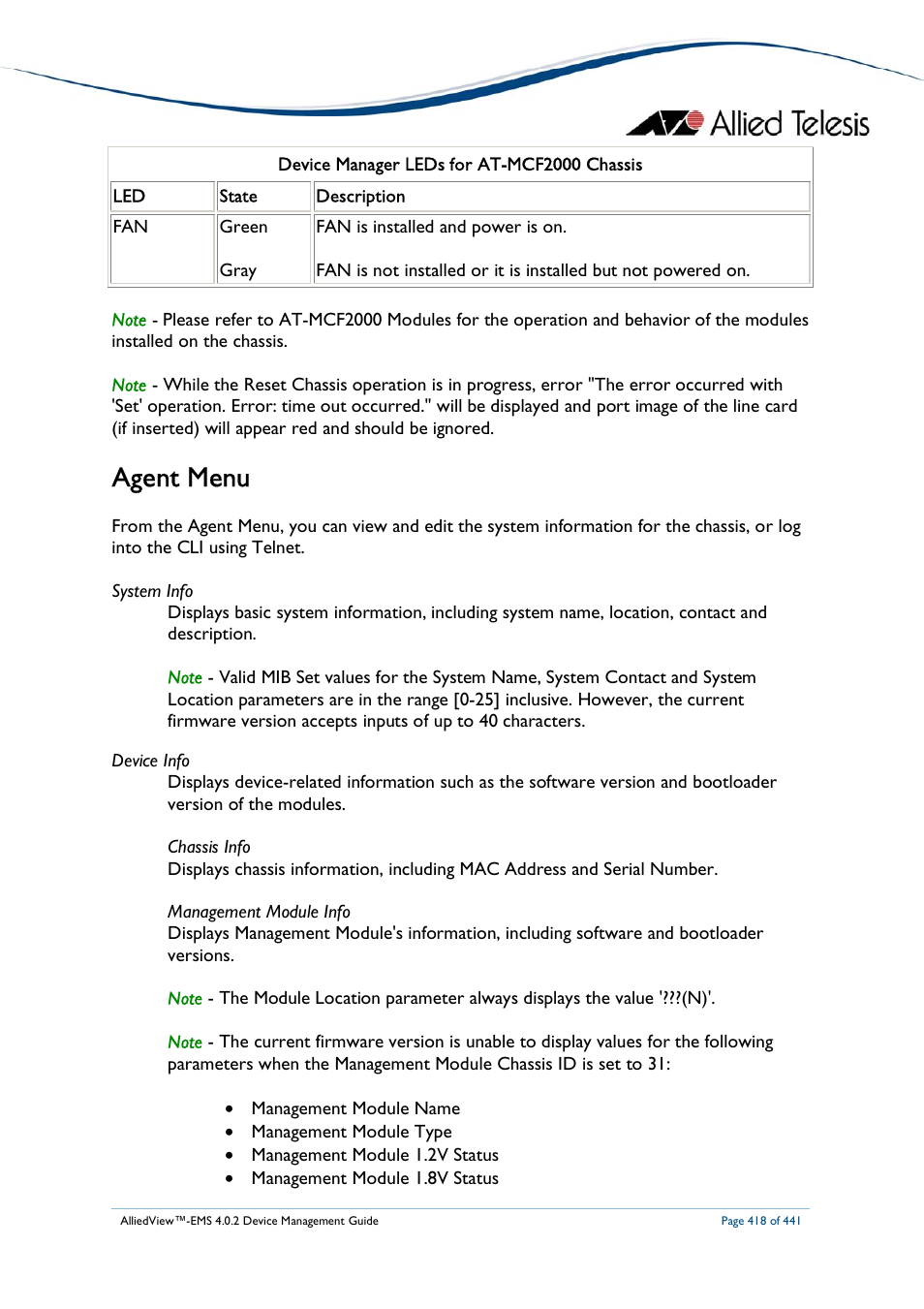 Agent menu | Allied Telesis AlliedView-EMS 4.0.2 Device-Manager User Manual | Page 418 / 441