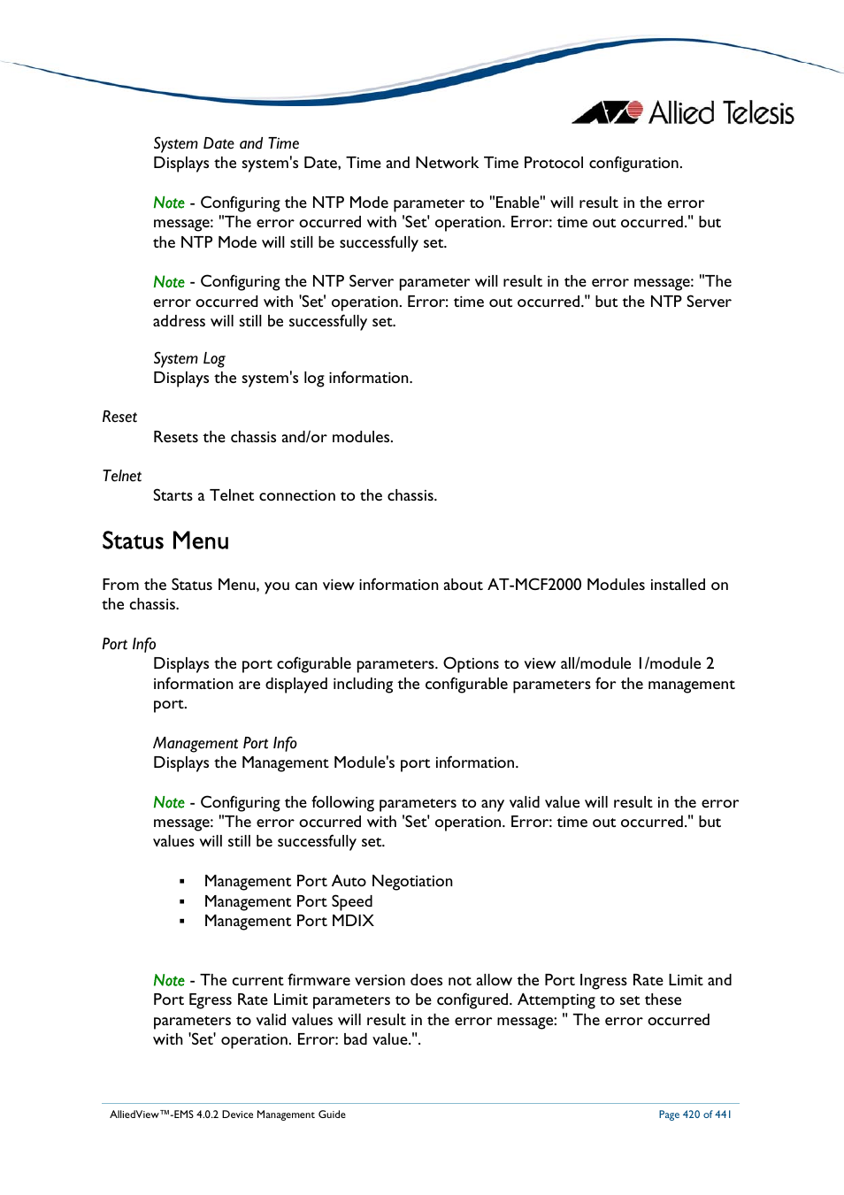 Status menu | Allied Telesis AlliedView-EMS 4.0.2 Device-Manager User Manual | Page 420 / 441