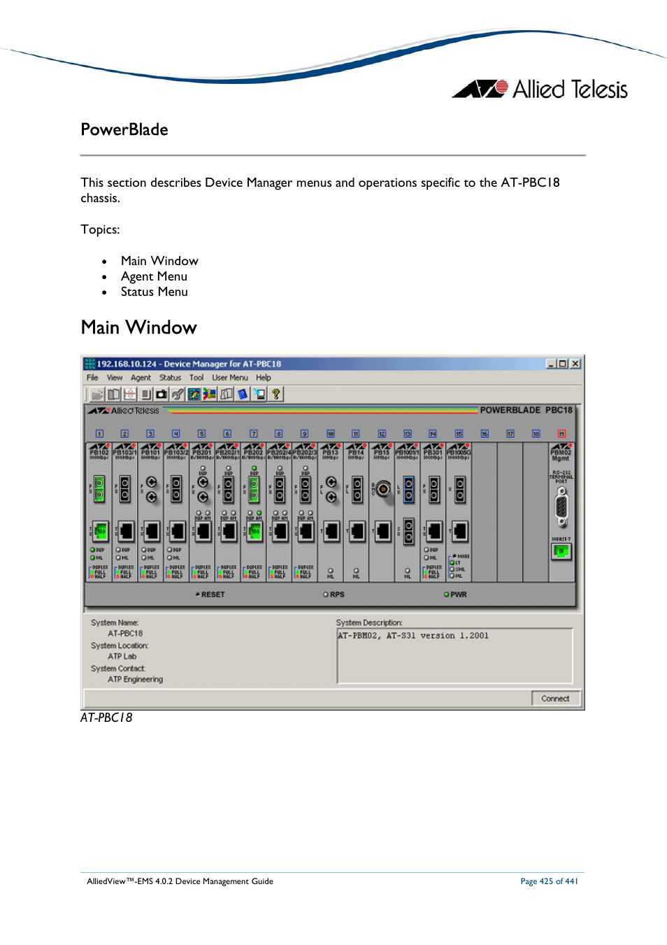 Main window, Powerblade | Allied Telesis AlliedView-EMS 4.0.2 Device-Manager User Manual | Page 425 / 441