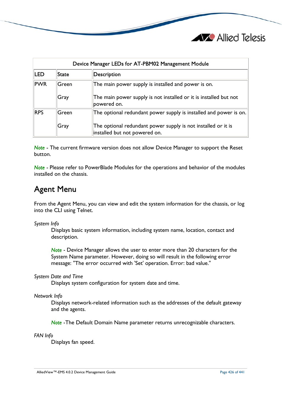 Agent menu | Allied Telesis AlliedView-EMS 4.0.2 Device-Manager User Manual | Page 426 / 441