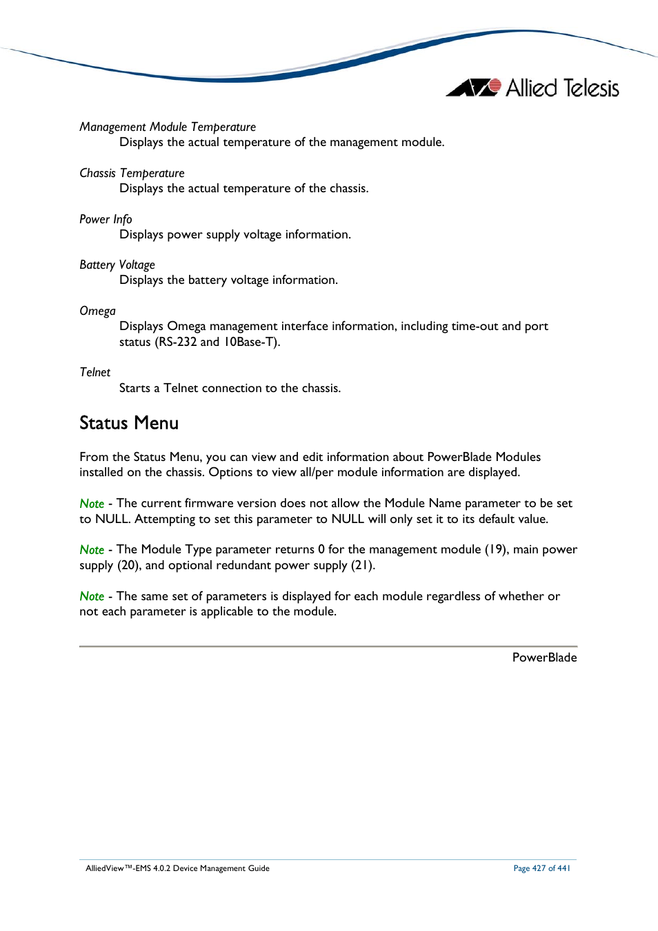 Status menu | Allied Telesis AlliedView-EMS 4.0.2 Device-Manager User Manual | Page 427 / 441
