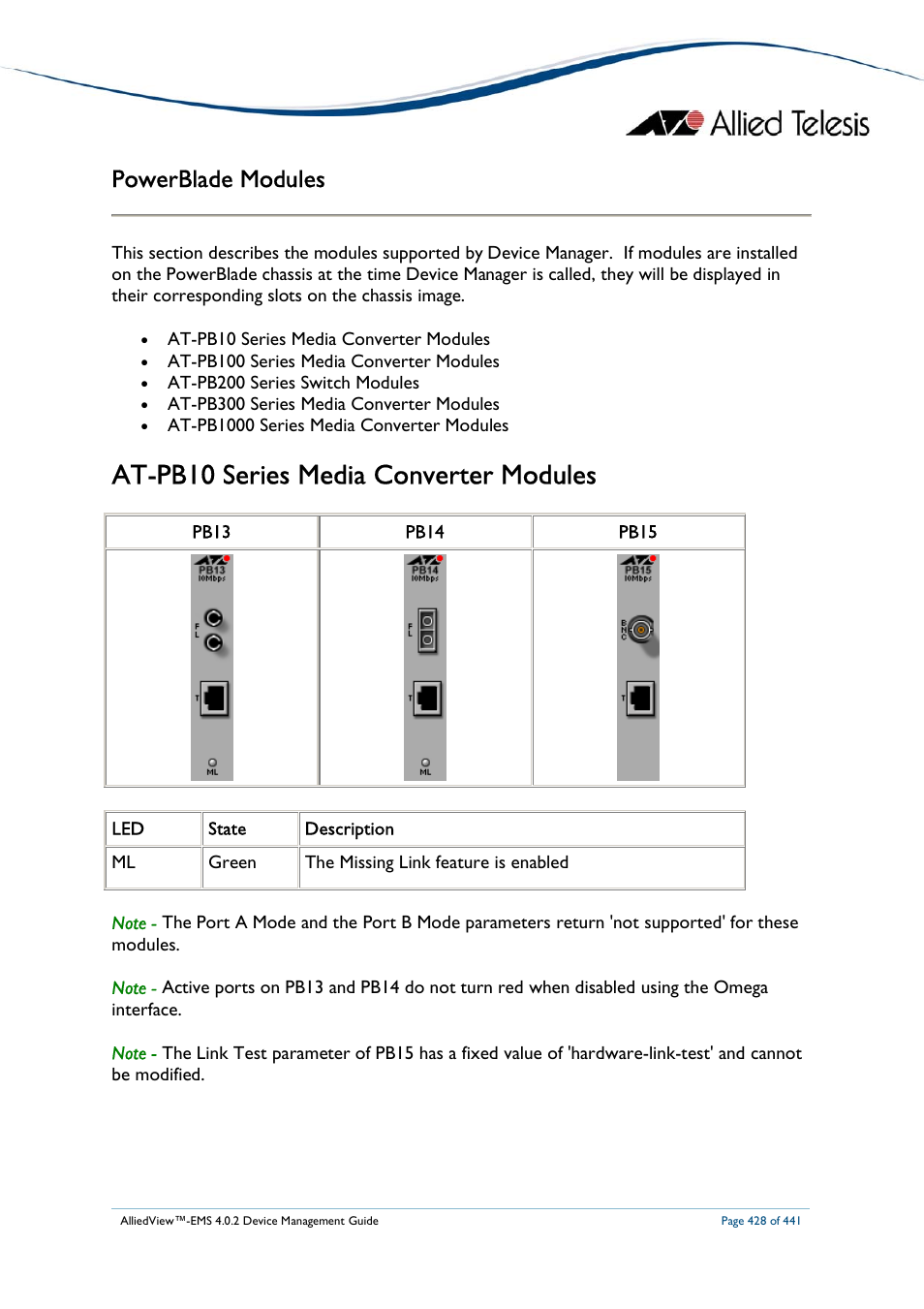 At-pb10 series media converter modules, Powerblade modules | Allied Telesis AlliedView-EMS 4.0.2 Device-Manager User Manual | Page 428 / 441