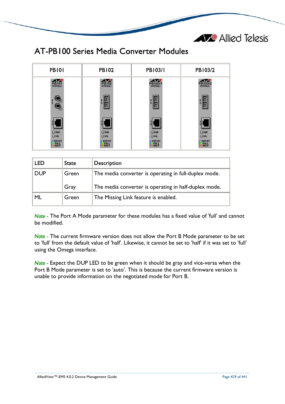 At-pb100 series media converter modules | Allied Telesis AlliedView-EMS 4.0.2 Device-Manager User Manual | Page 429 / 441