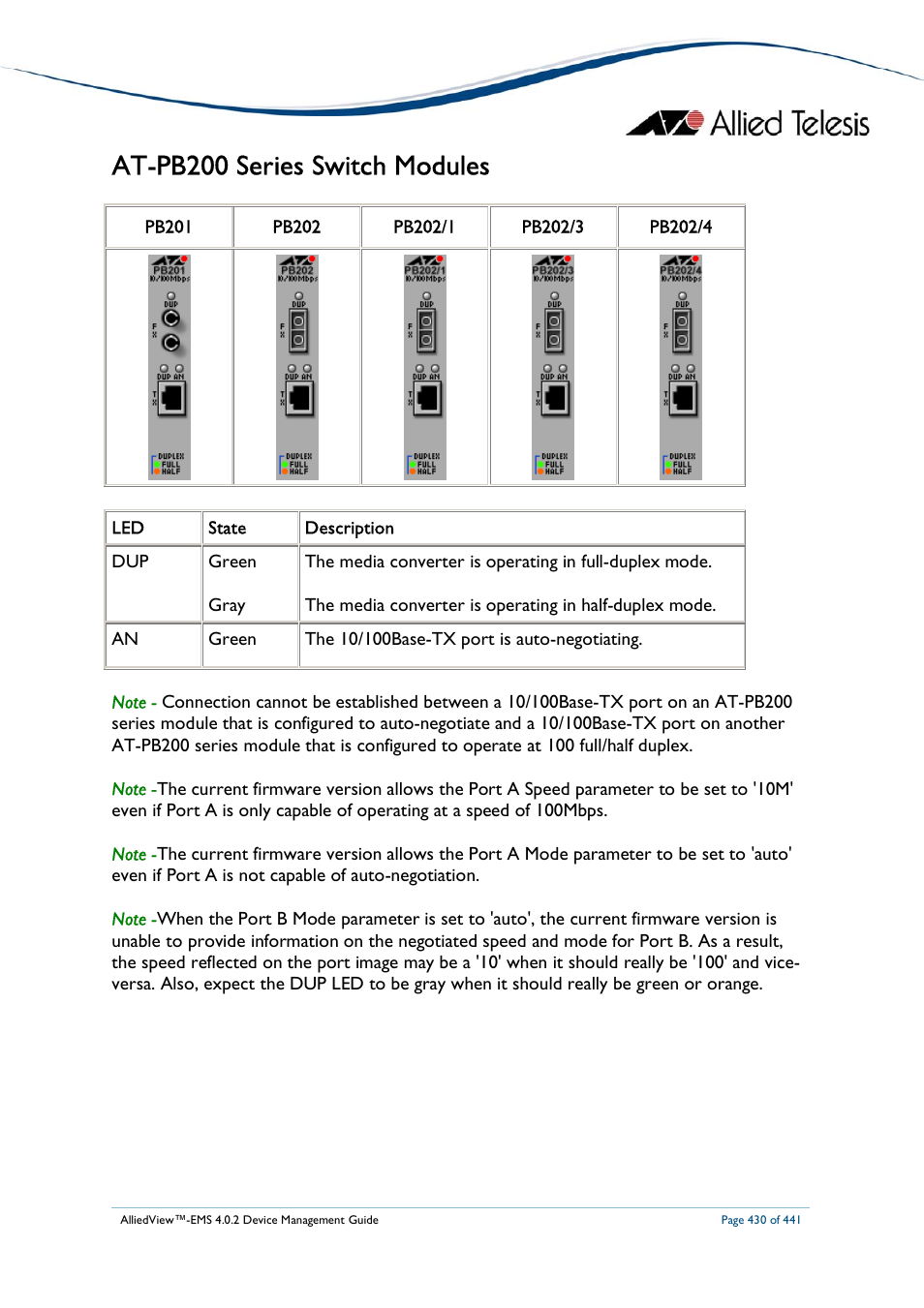At-pb200 series switch modules | Allied Telesis AlliedView-EMS 4.0.2 Device-Manager User Manual | Page 430 / 441