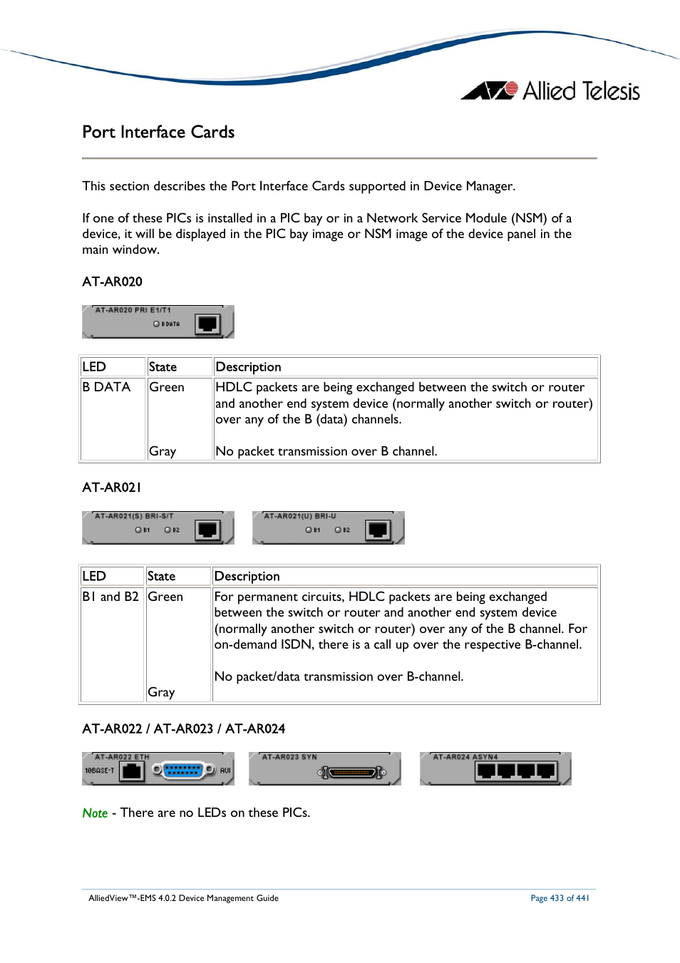 Port interface cards | Allied Telesis AlliedView-EMS 4.0.2 Device-Manager User Manual | Page 433 / 441