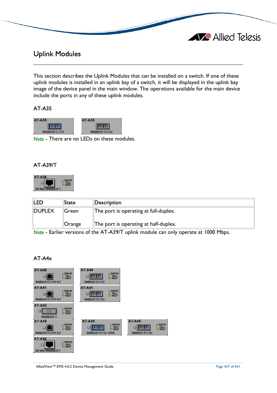 Uplink modules | Allied Telesis AlliedView-EMS 4.0.2 Device-Manager User Manual | Page 437 / 441
