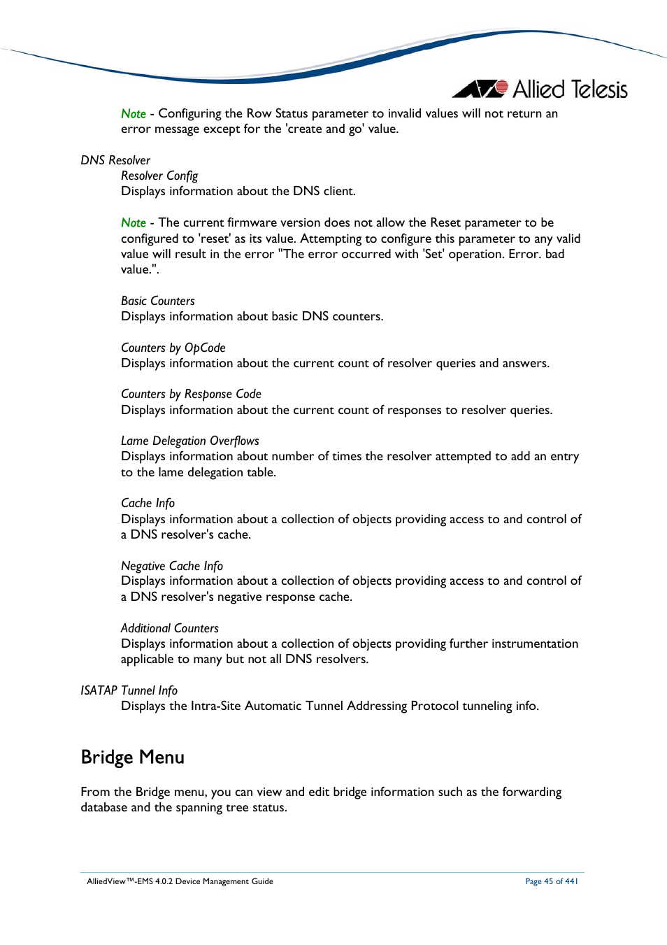 Bridge menu | Allied Telesis AlliedView-EMS 4.0.2 Device-Manager User Manual | Page 45 / 441