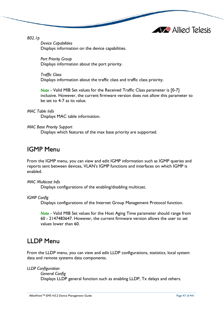 Igmp menu, Lldp menu | Allied Telesis AlliedView-EMS 4.0.2 Device-Manager User Manual | Page 47 / 441