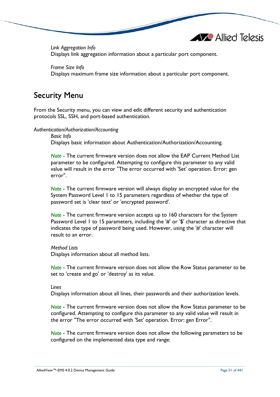 Security menu | Allied Telesis AlliedView-EMS 4.0.2 Device-Manager User Manual | Page 51 / 441