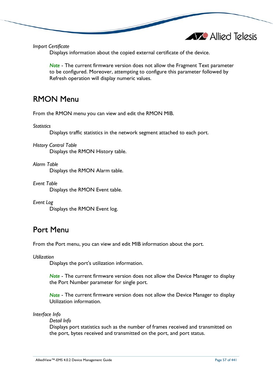 Rmon menu, Port menu | Allied Telesis AlliedView-EMS 4.0.2 Device-Manager User Manual | Page 57 / 441
