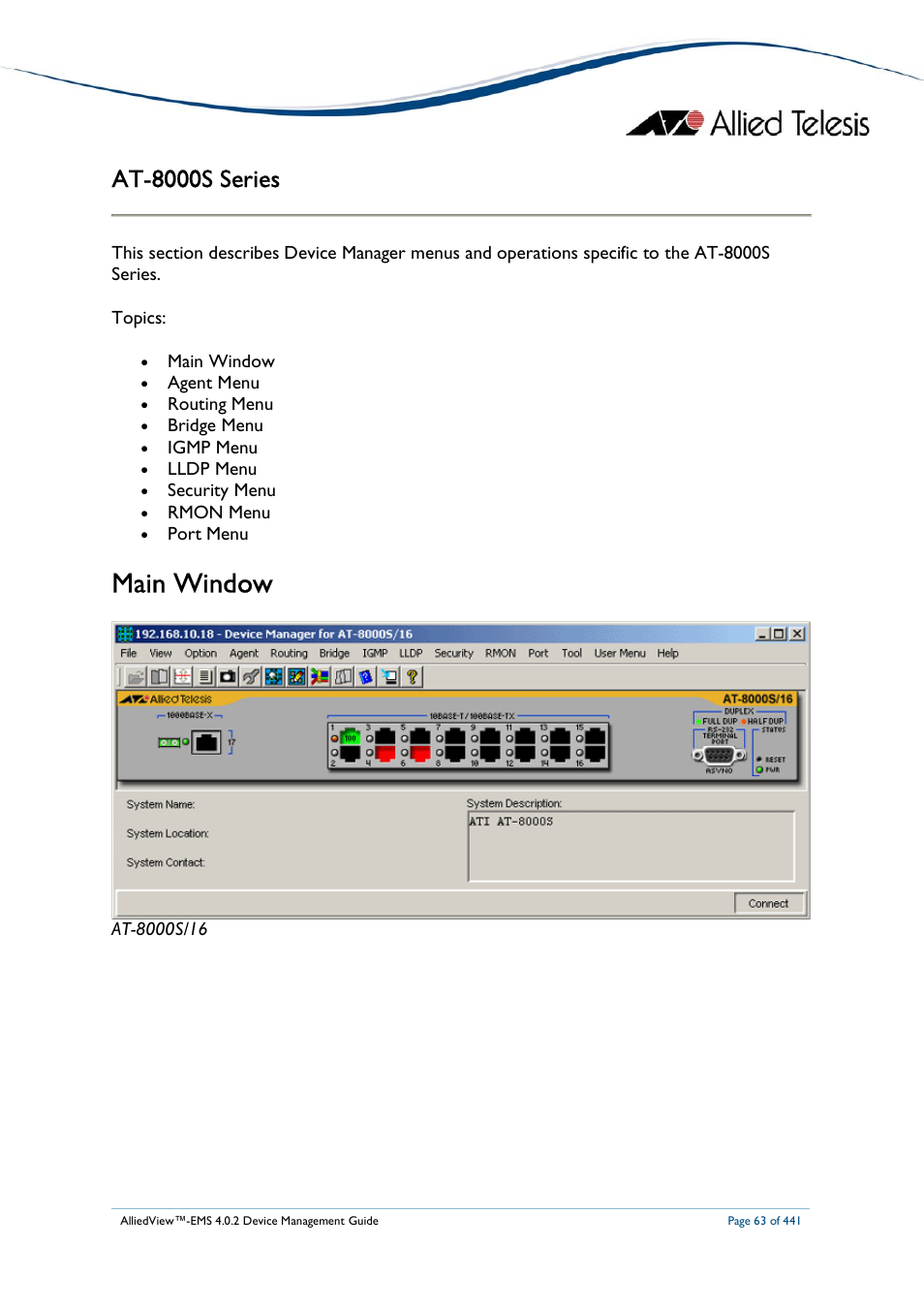 Main window, At-8000s series | Allied Telesis AlliedView-EMS 4.0.2 Device-Manager User Manual | Page 63 / 441