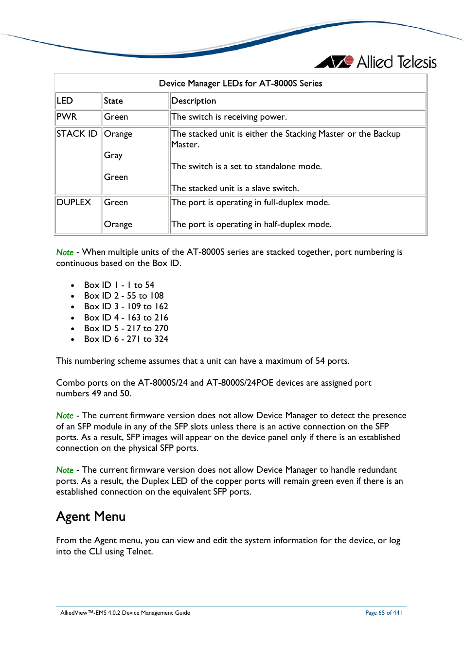 Agent menu | Allied Telesis AlliedView-EMS 4.0.2 Device-Manager User Manual | Page 65 / 441