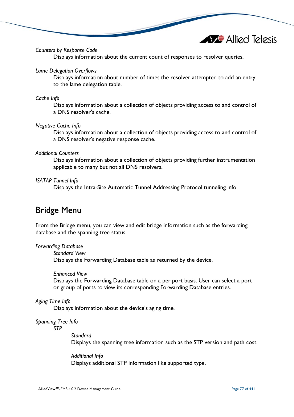 Bridge menu | Allied Telesis AlliedView-EMS 4.0.2 Device-Manager User Manual | Page 77 / 441