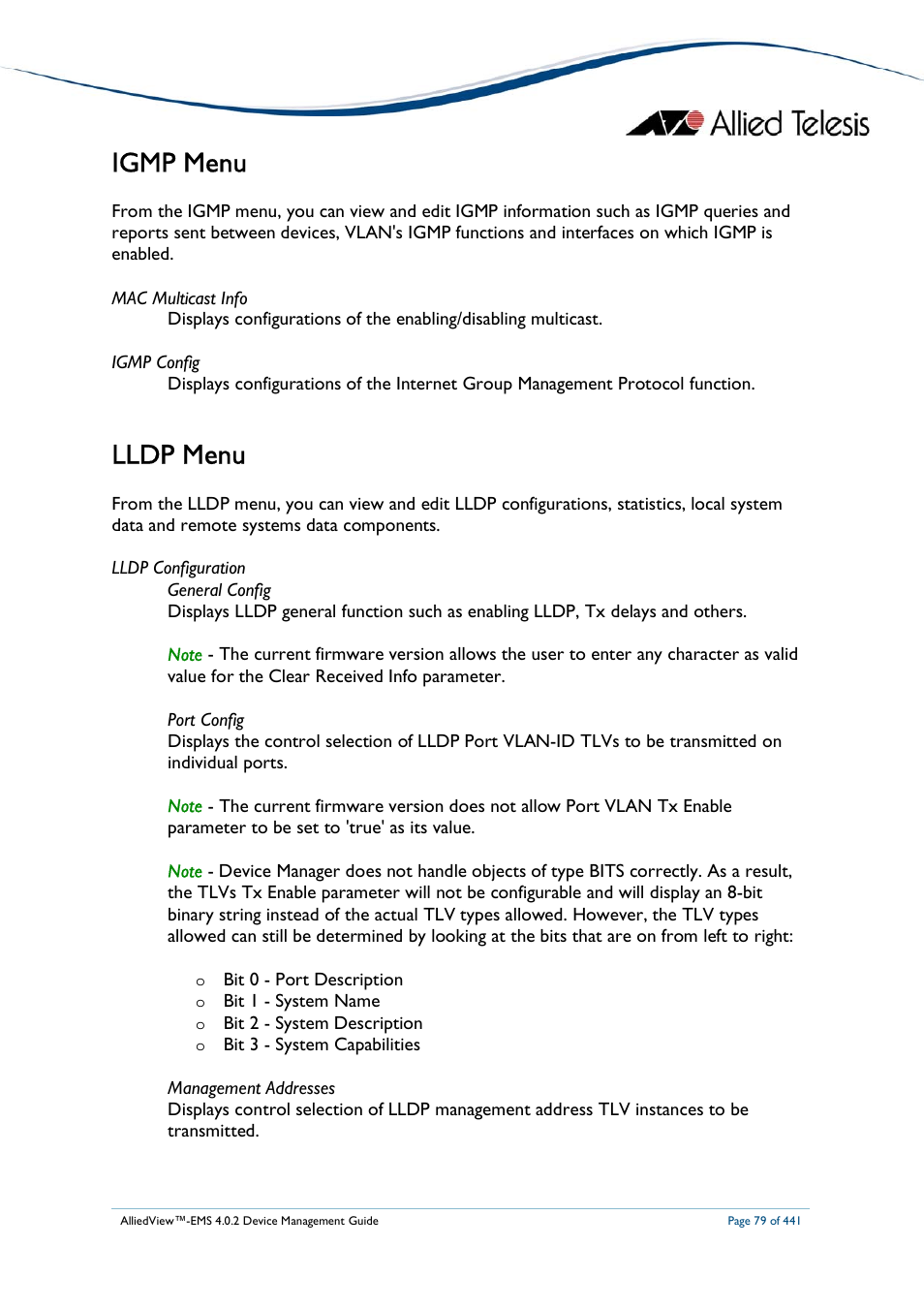 Igmp menu, Lldp menu | Allied Telesis AlliedView-EMS 4.0.2 Device-Manager User Manual | Page 79 / 441